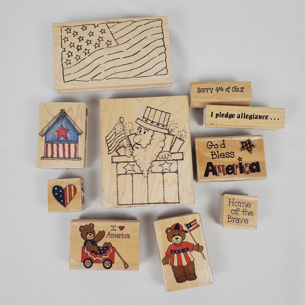Vtg Wooden Rubber Stamp Lot Of 10 American, Patriotic, Independence Day, USA